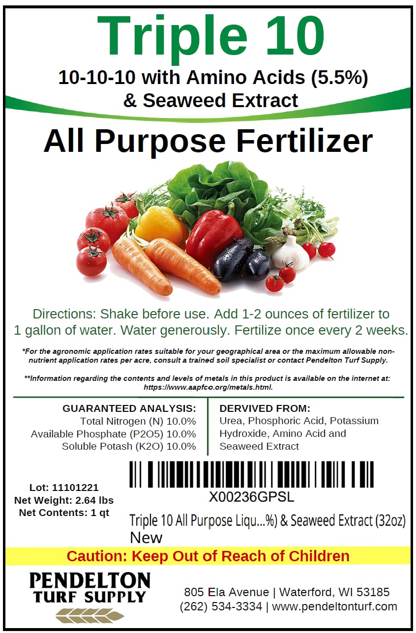 Pendelton Turf Supply Triple-10 measuring cap enables precise dosing for steady garden feeding.