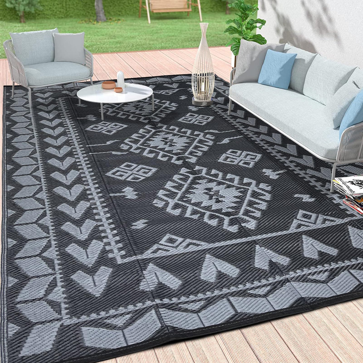 Pendolr 5x8 outdoor rug folded for travel, versatile for patios