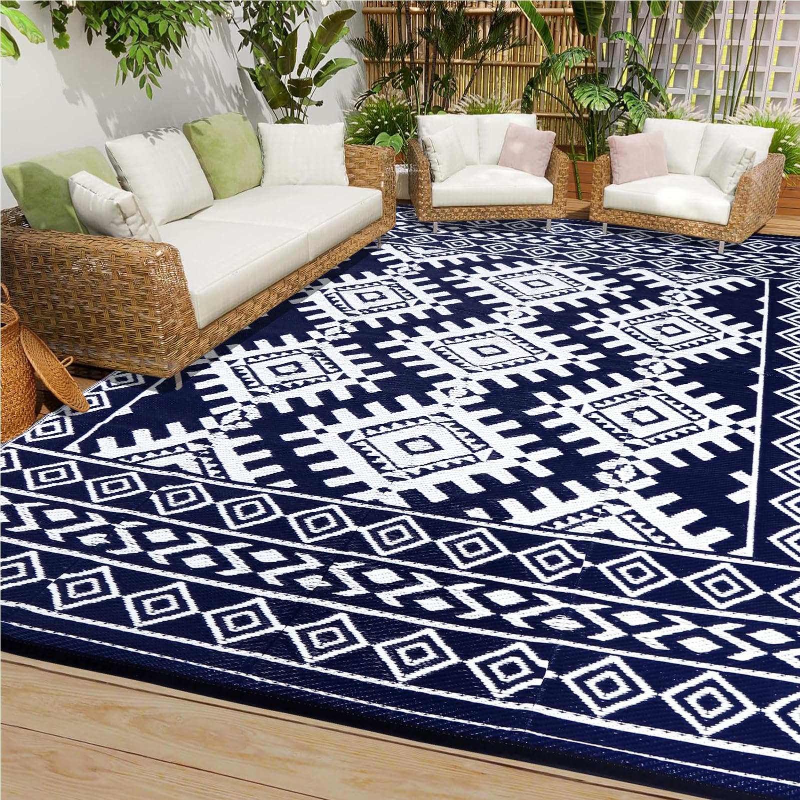 Pendolr 5x8 outdoor rug folded for easy transport.