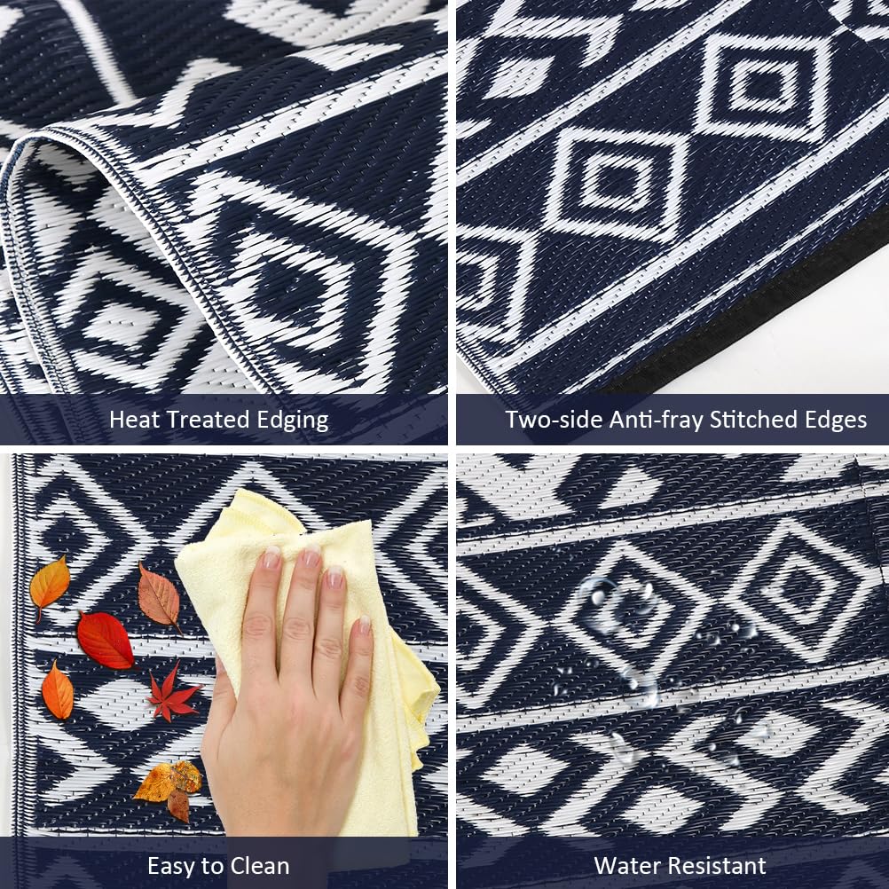 Pendolr navy-white pattern rug enhances balcony aesthetics.