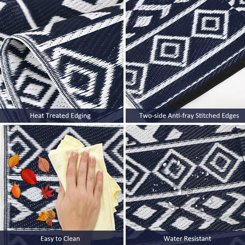 Pendolr navy-white pattern rug enhances balcony aesthetics.