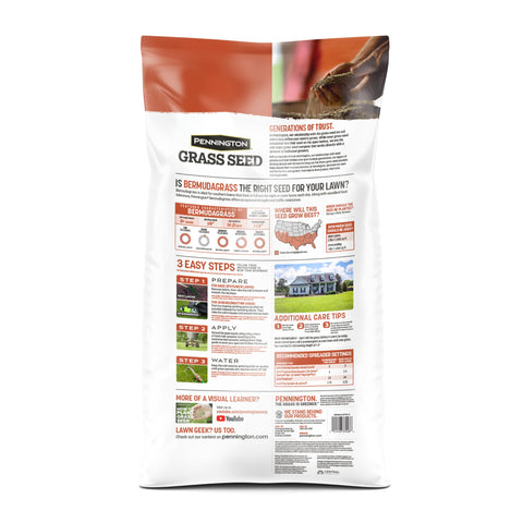 Pennington Bermudagrass seed bag back label with coverage and care details.