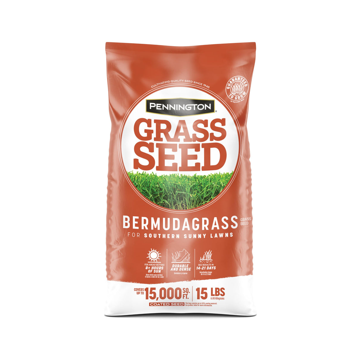 Pennington Bermudagrass seed bag front view for sun-loving lawns.