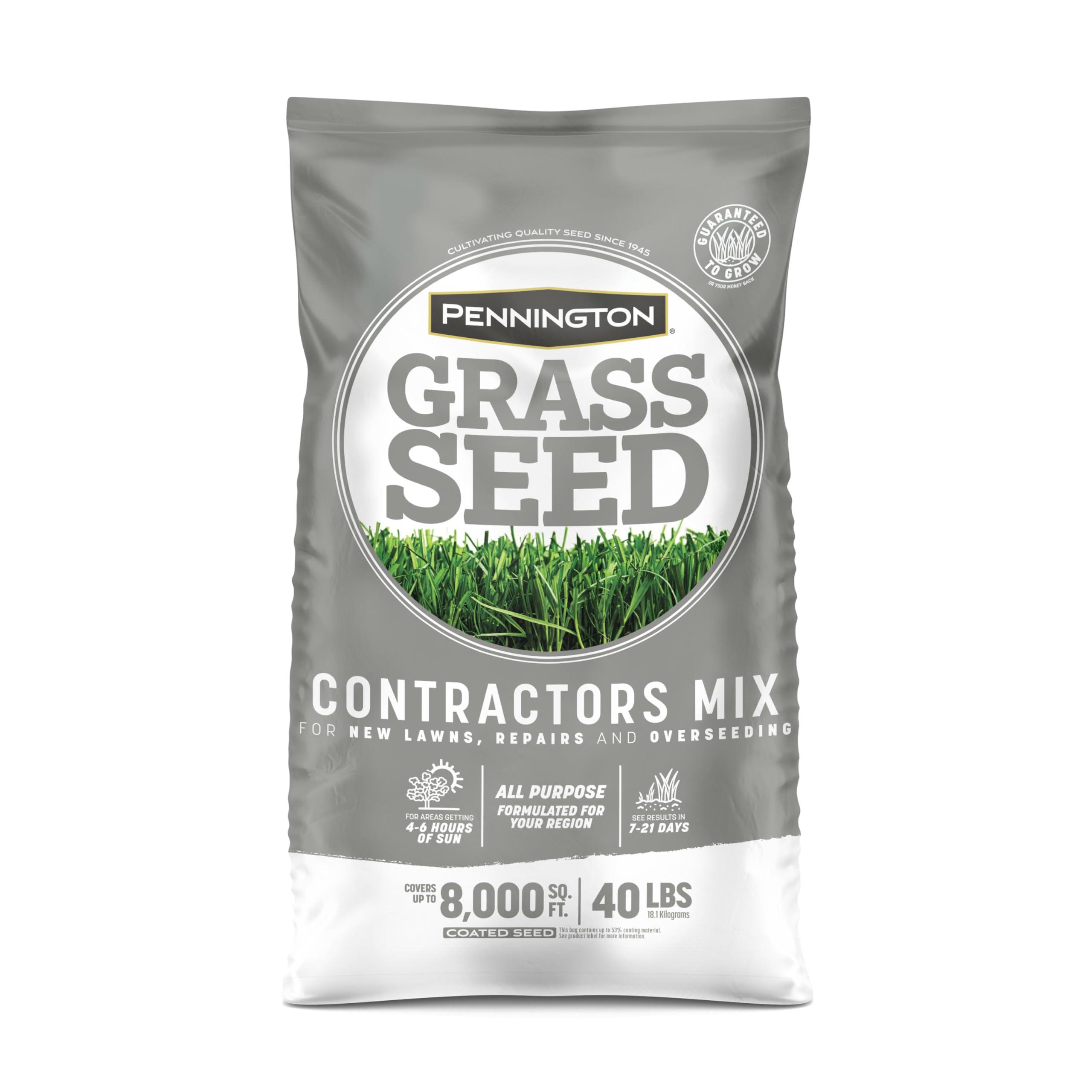 Pennington Contractors Grass Seed Mix Northern bag label, ideal for dense turf under sun.