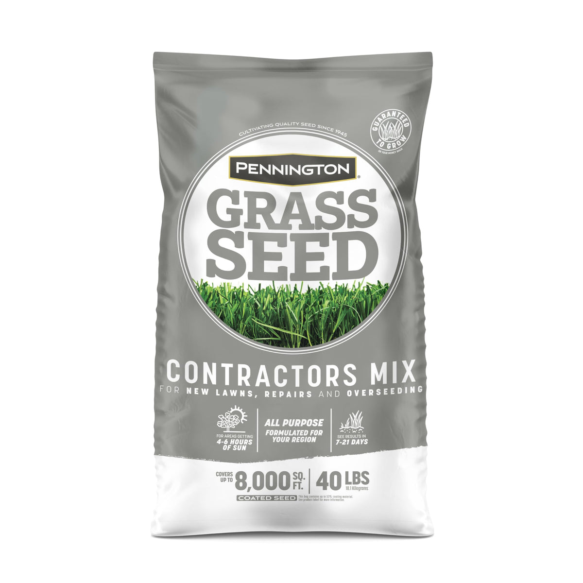 Pennington Contractors Grass Seed Mix Northern bag label, ideal for dense turf under sun.