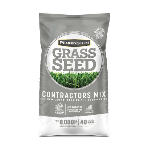 Pennington Contractors Grass Seed Mix Northern bag label, ideal for dense turf under sun.