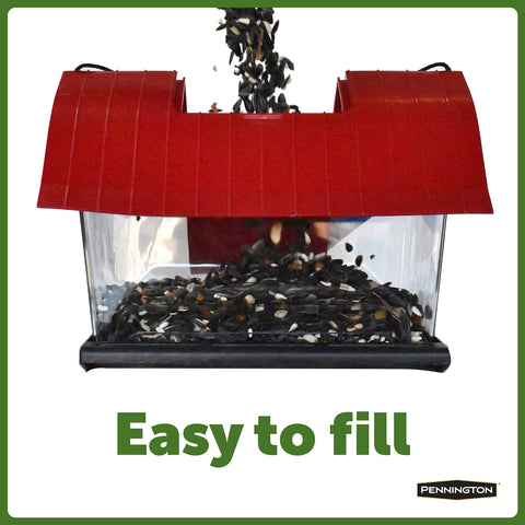 Pennington Country Barn Hopper Feeder hanging cable setup; versatile placement options.