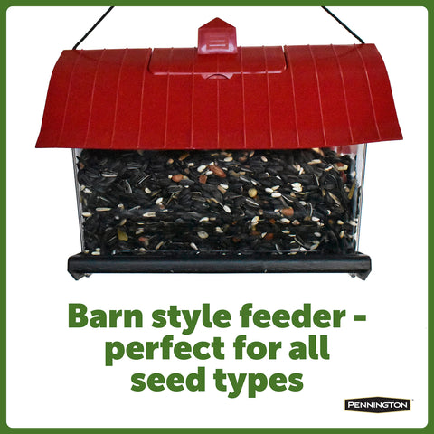 Pennington Country Barn Hopper Feeder open seed opening; quick filling and cleaning.
