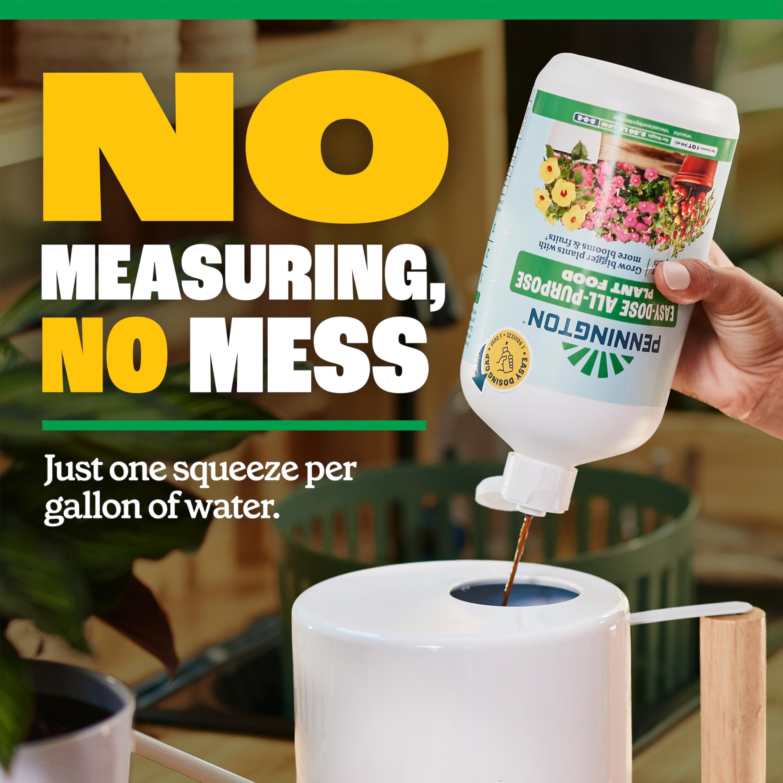 Pennington Easy-Dose bottle pouring into soil for simple direct application.