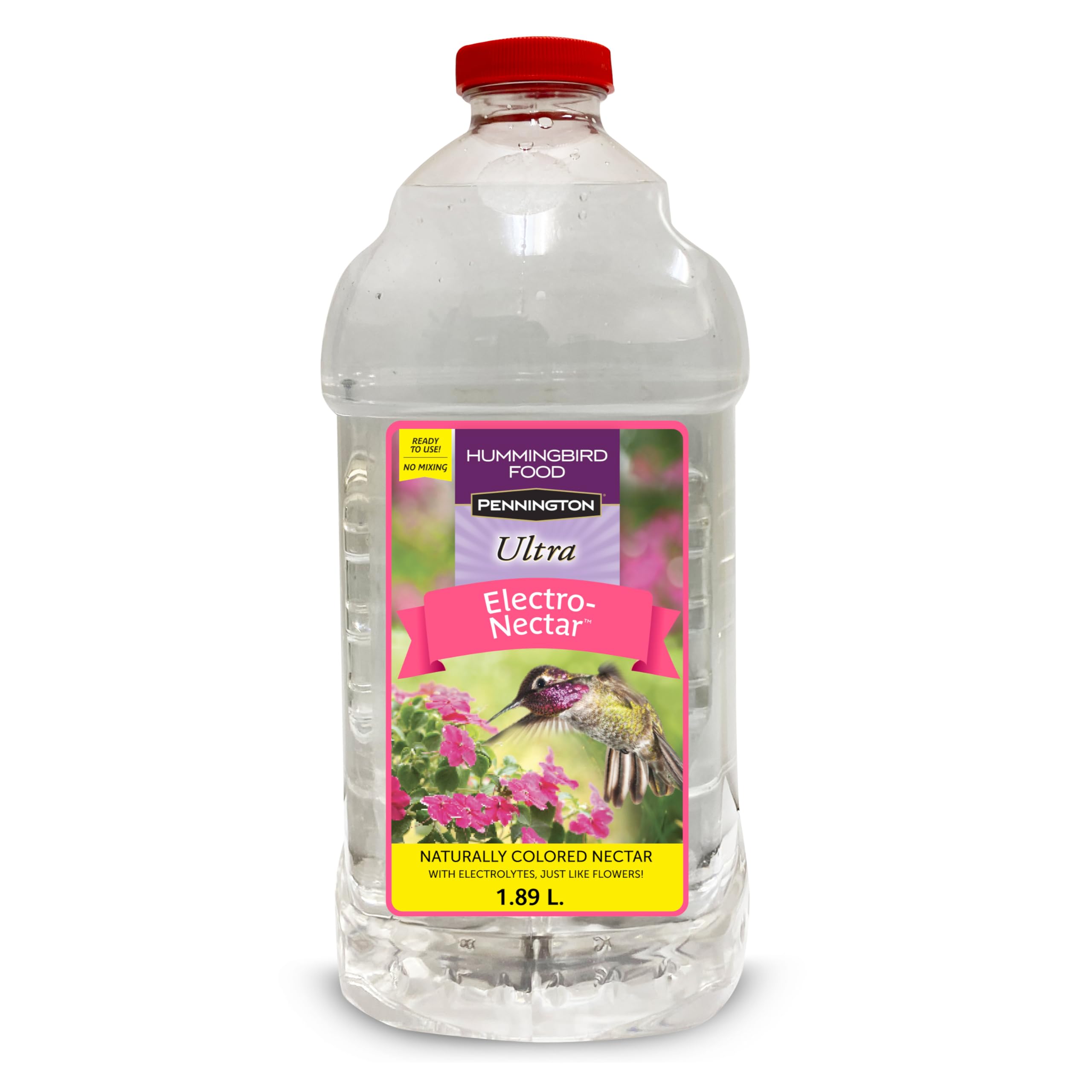 Pennington Electro-Nectar 64-oz bottle front view, ready to feed hummingbirds.