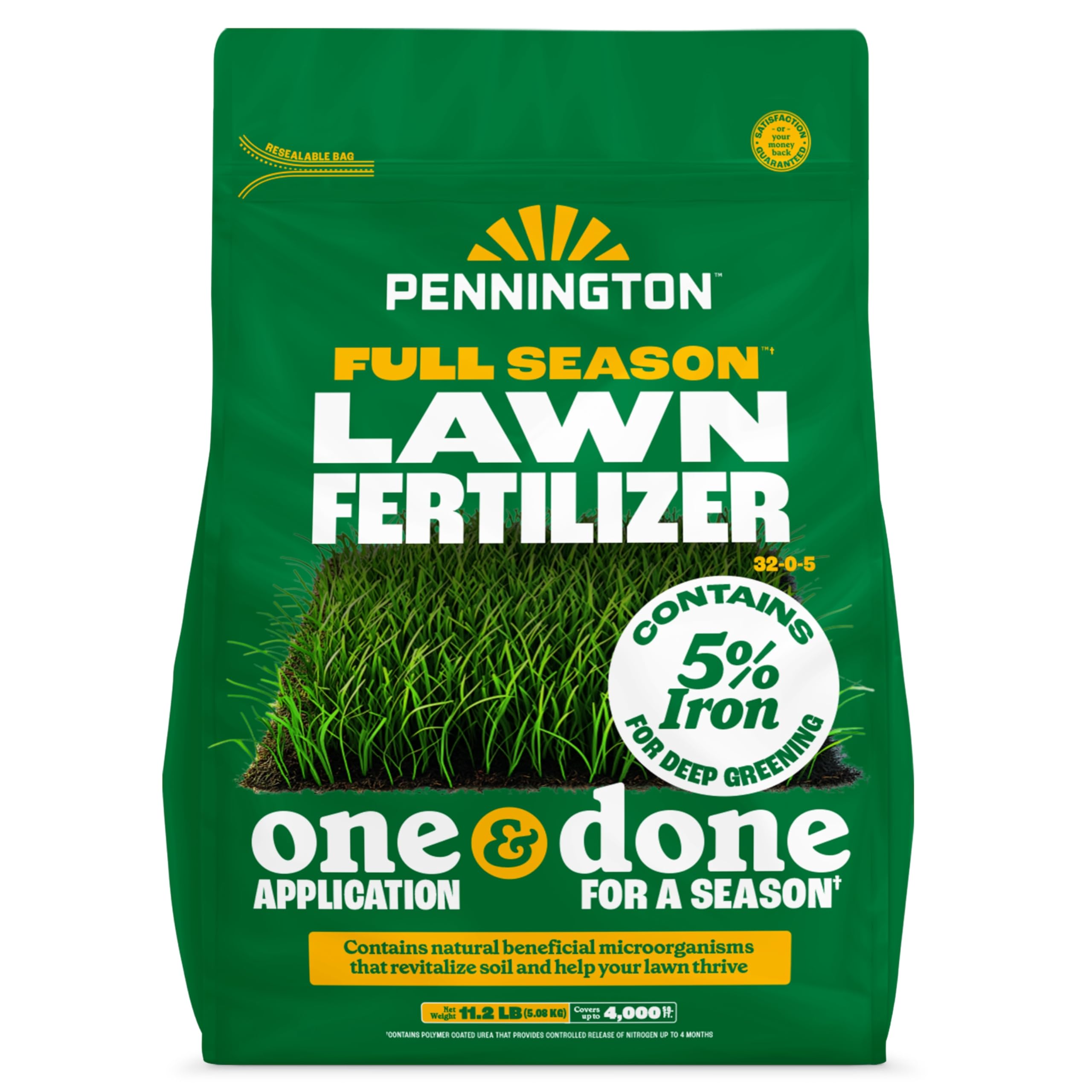Pennington Full Season 32-0-5 bag ready for seasonal lawn feeding