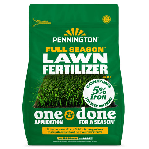 Pennington Full Season 32-0-5 bag ready for seasonal lawn feeding