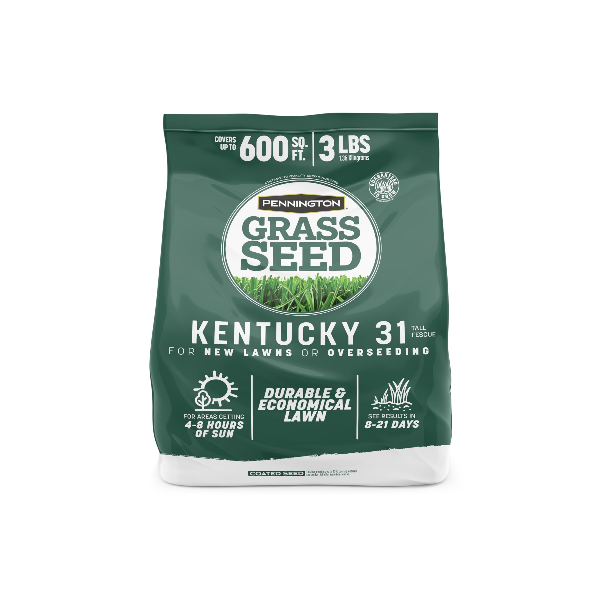 Pennington Kentucky 31 Tall Fescue seed bag close-up demonstrates durable, economical lawn seed.