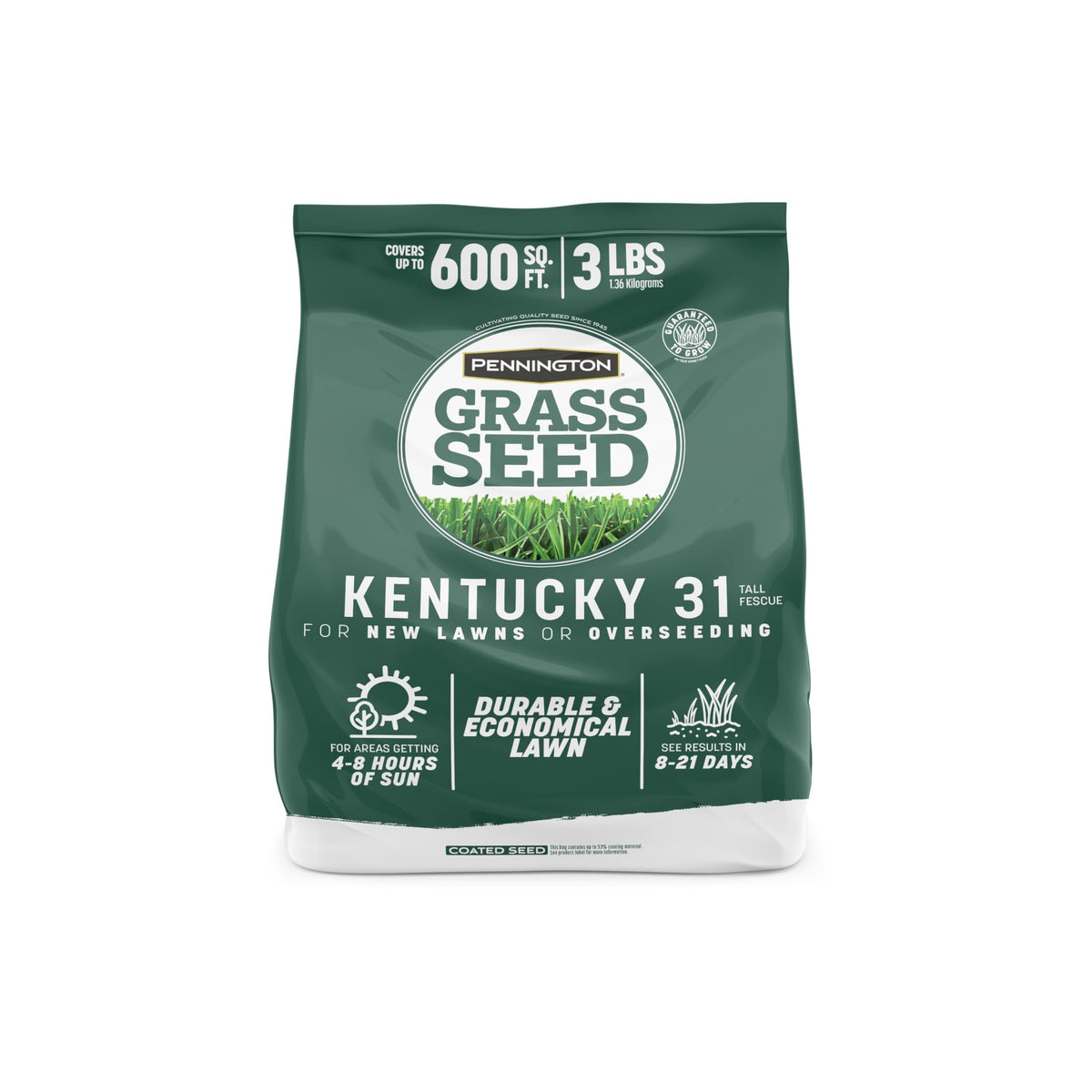 Pennington Kentucky 31 Tall Fescue seed bag close-up demonstrates durable, economical lawn seed.