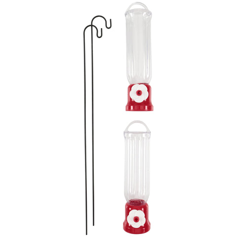 Pennington Planter Hummingbird Feeder with 2.3 oz capacity beside flowers.