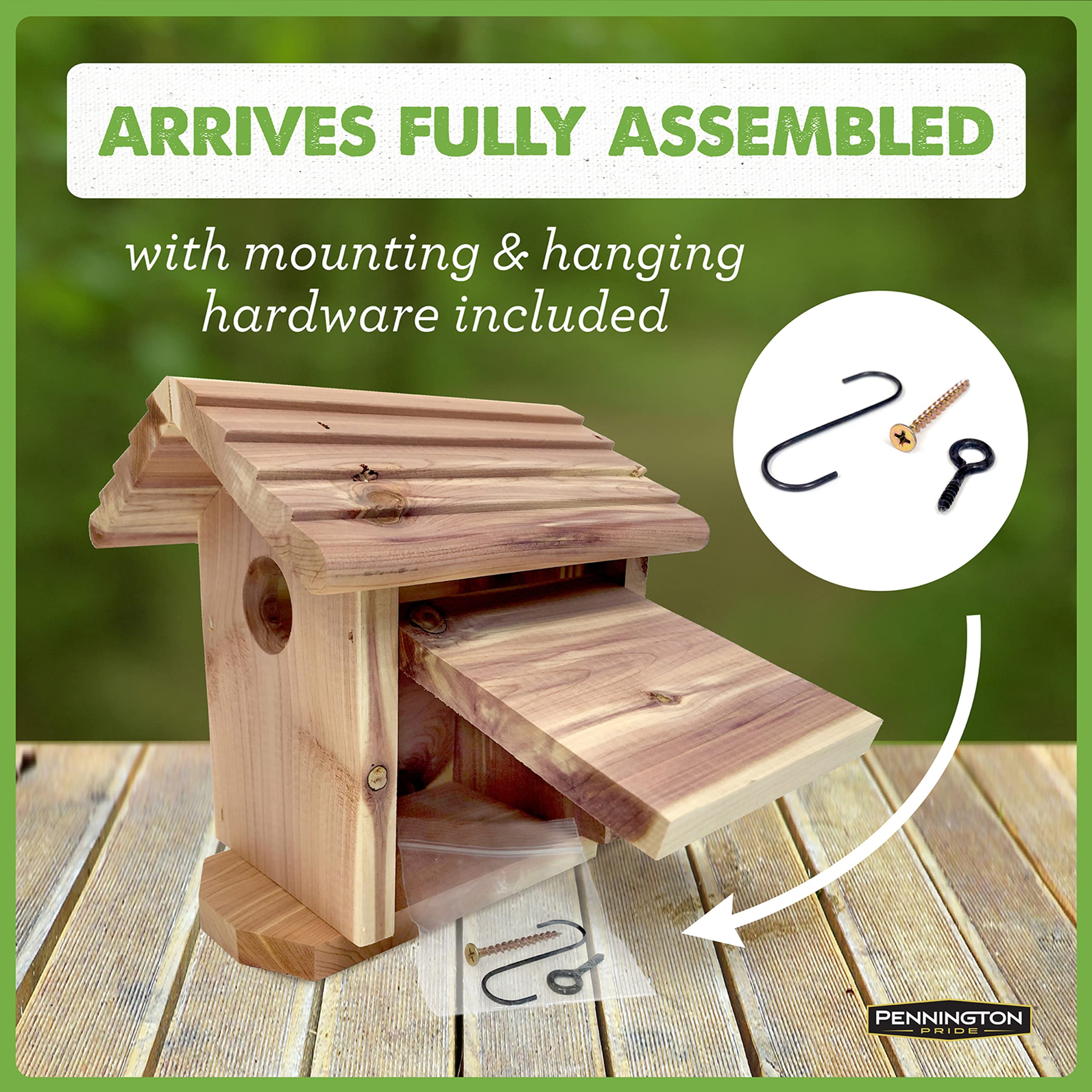 Pennington Pride cedar birdhouse with included mounting hardware for placement.