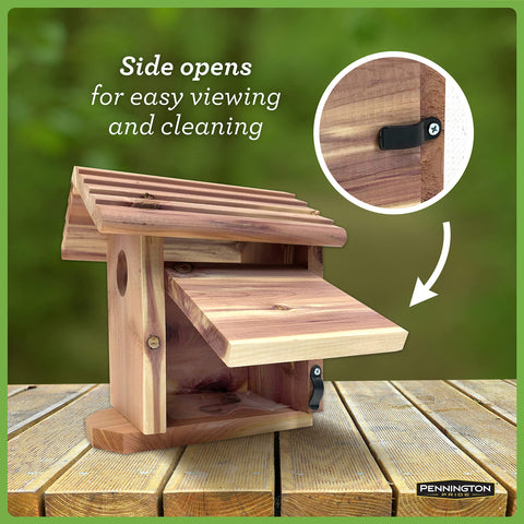 Pennington Pride cedar birdhouse open side for easy cleaning and viewing.