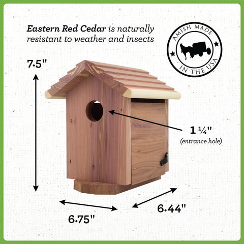 Pennington Pride cedar birdhouse side view highlighting ventilation and drainage.