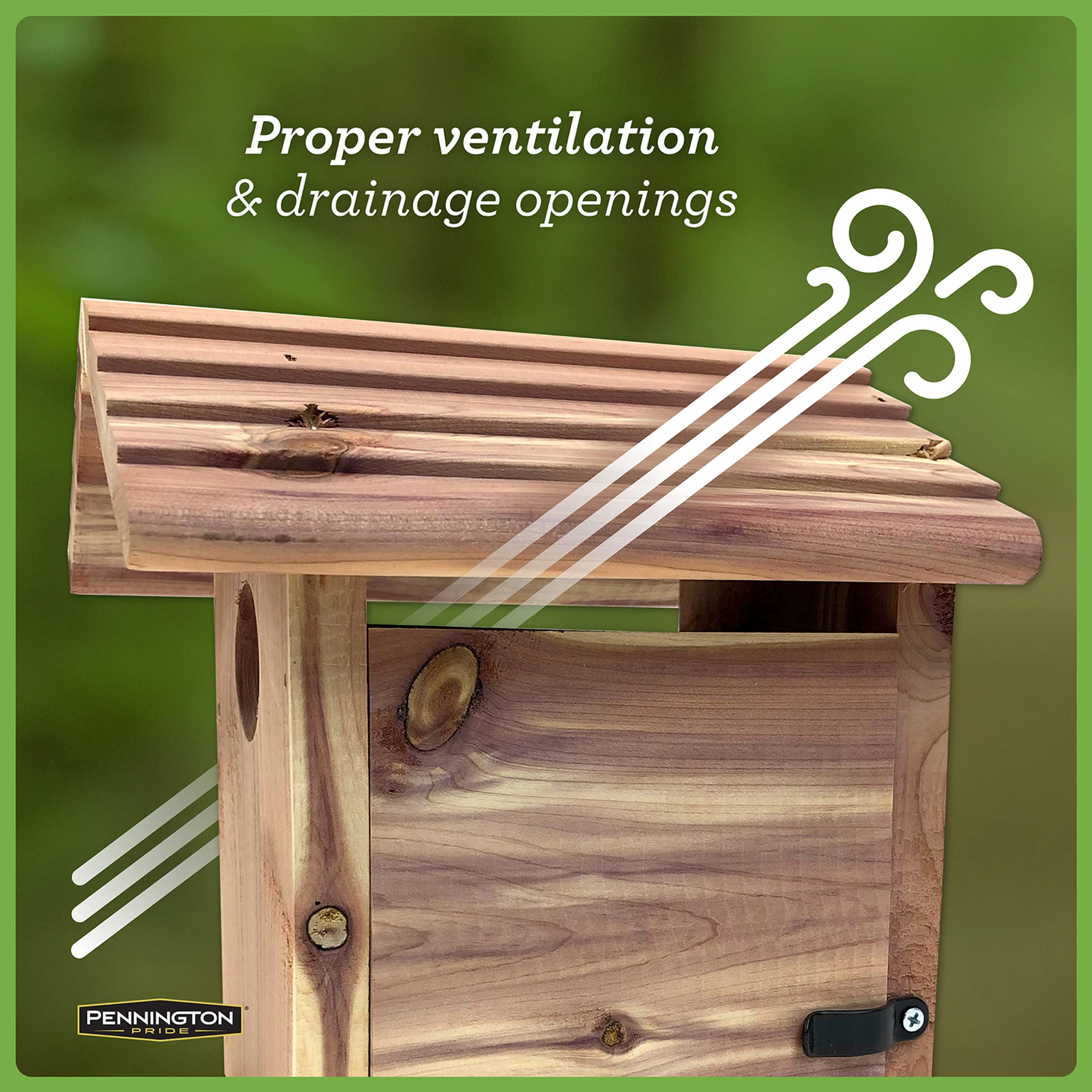 Pennington Pride cedar birdhouse with ventilation and drainage openings for dryness.