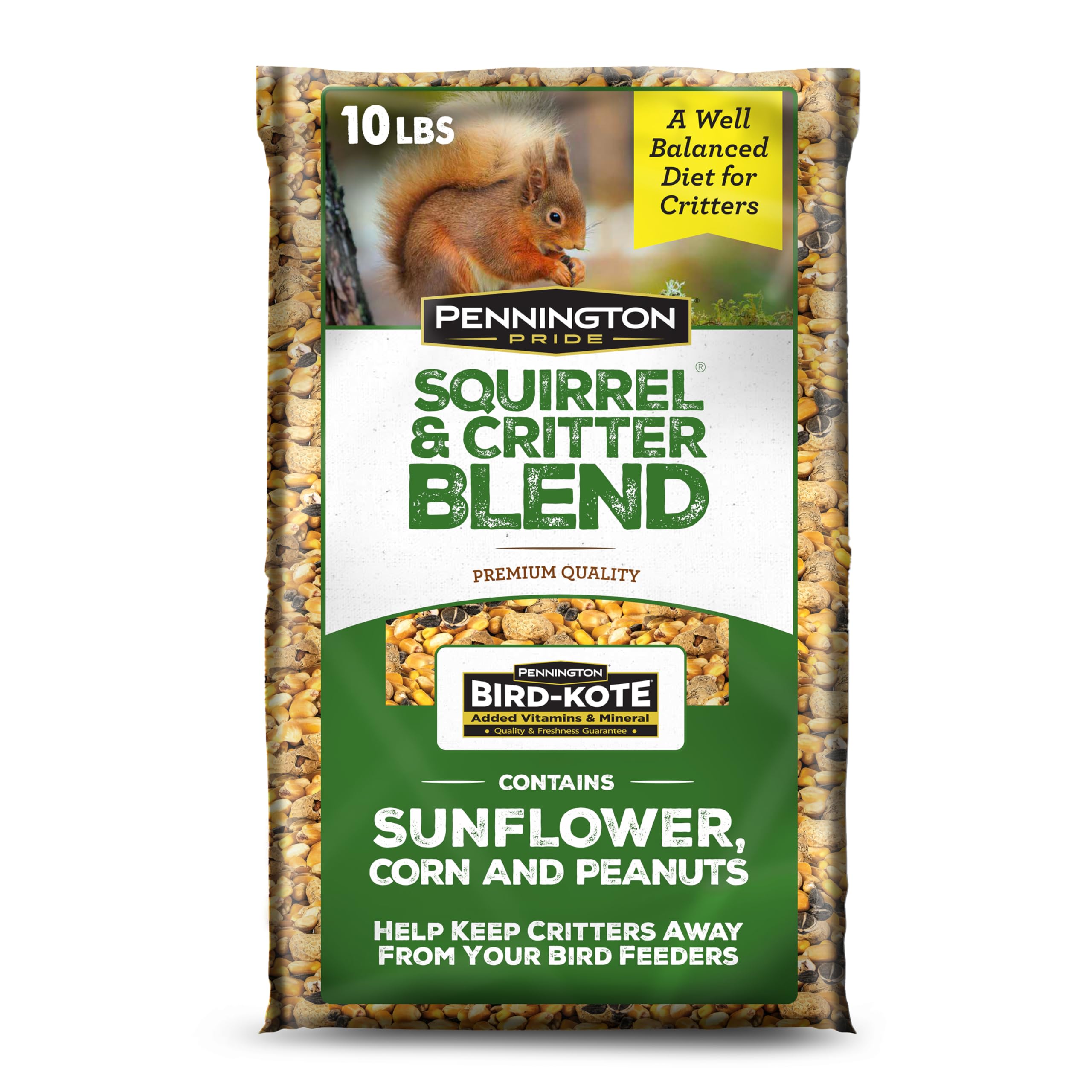 Pennington Pride Squirrel & Critter Blend bag shown, designed to attract backyard wildlife