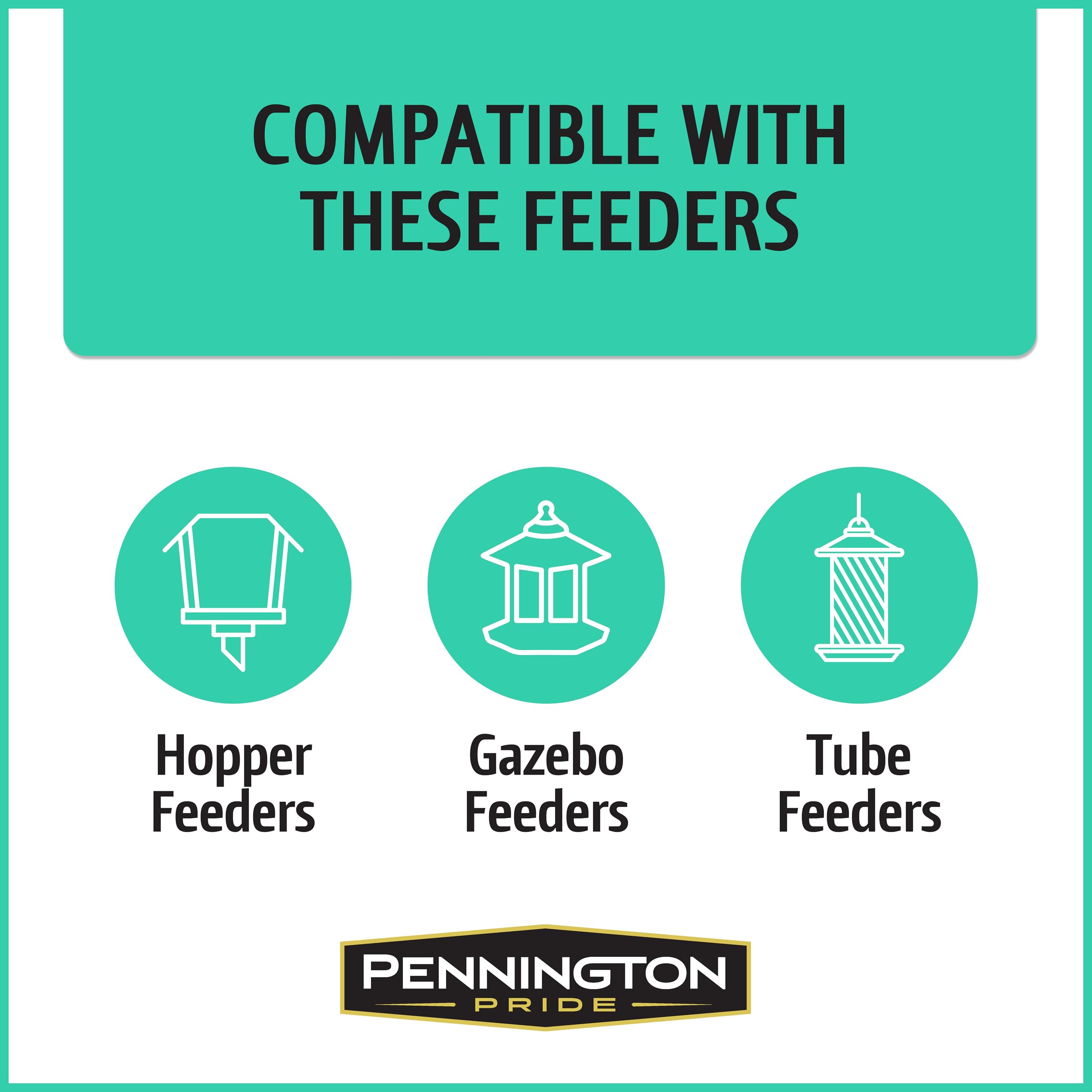 Feeder setup showing Pennington Pride Wild Finch Blend compatible with hopper feeders
