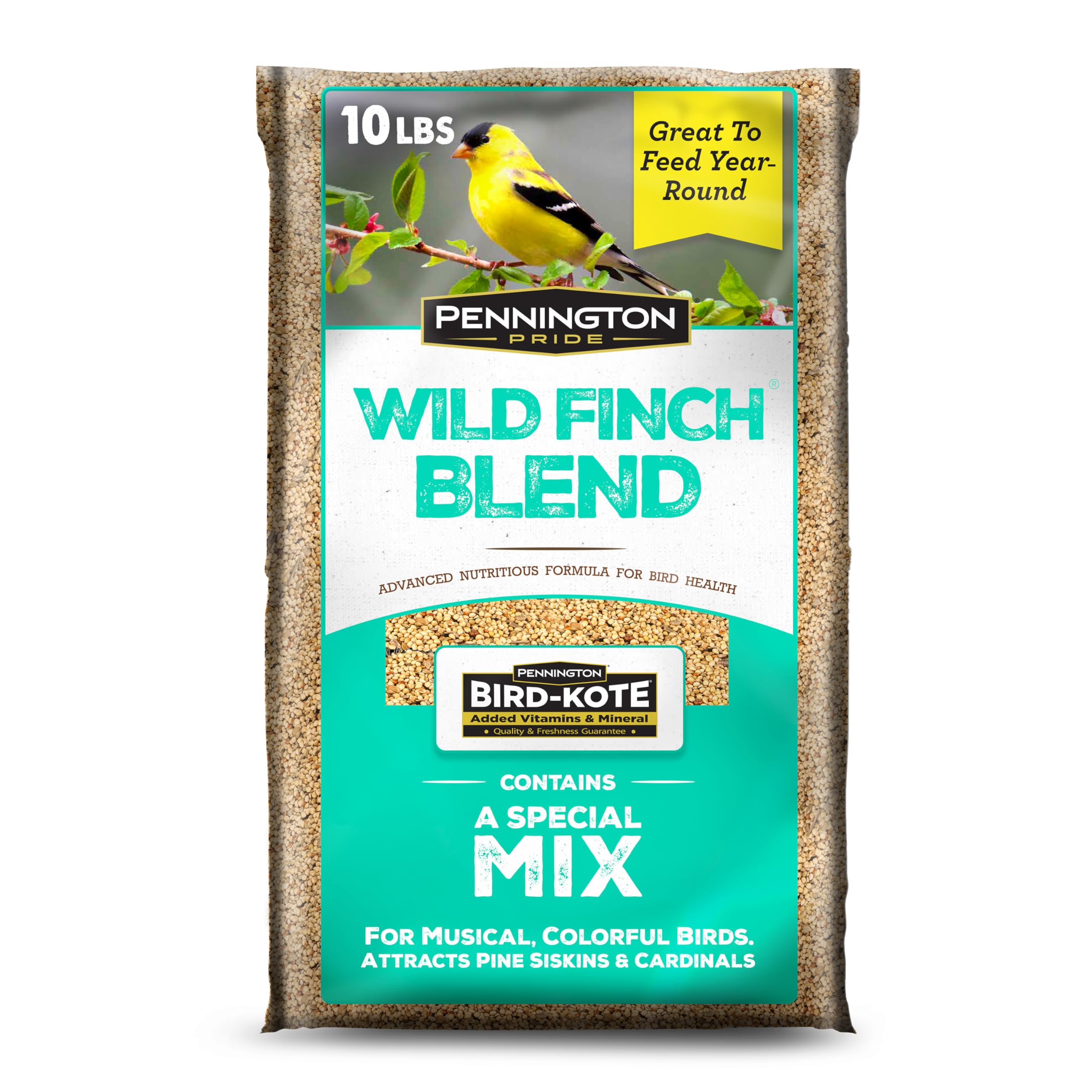Pennington Pride Wild Finch Blend ten-lb bag ready for outdoor feeding attracts songbirds