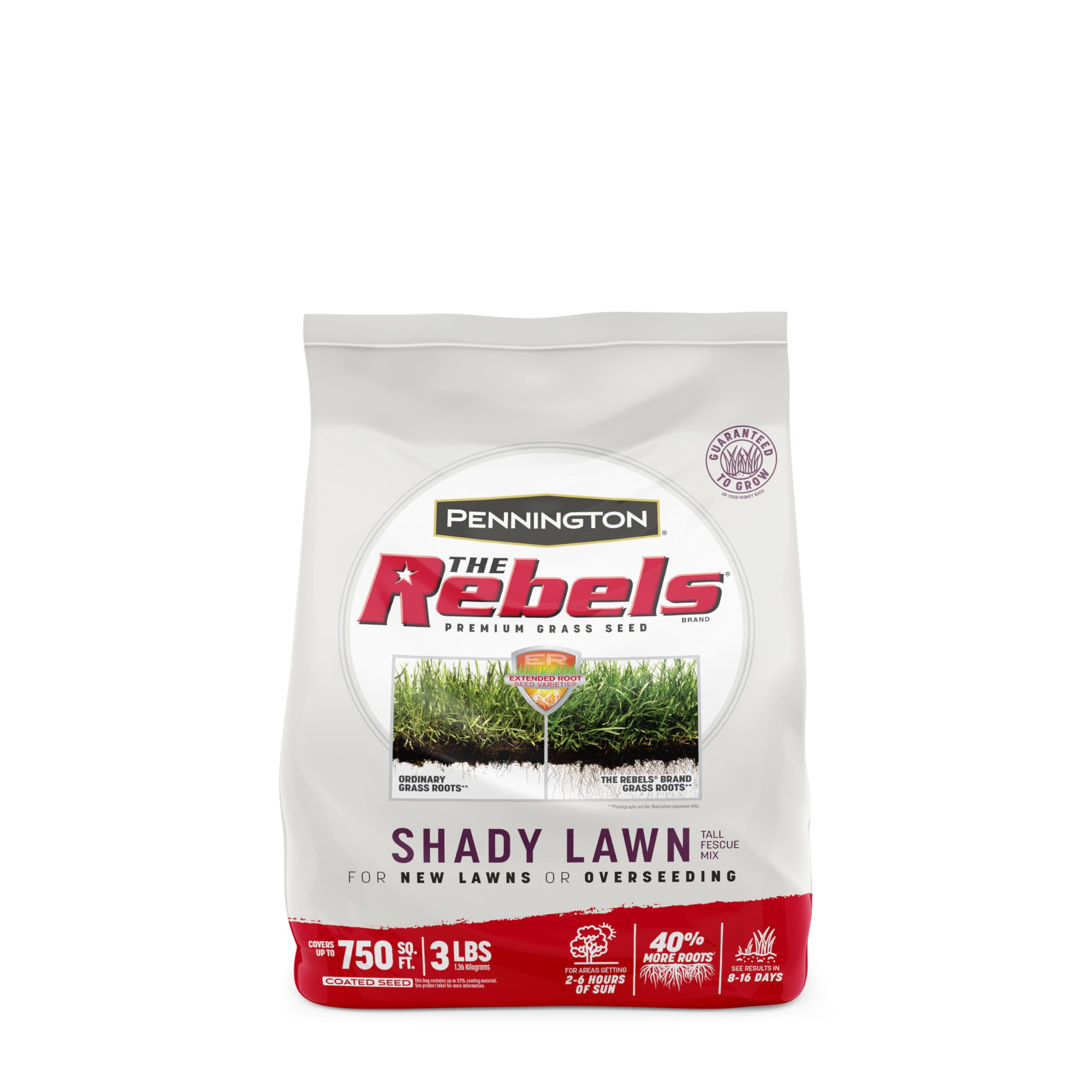 Pennington The Rebels tall fescue seed bag for shady lawns with drought-tolerant potential.