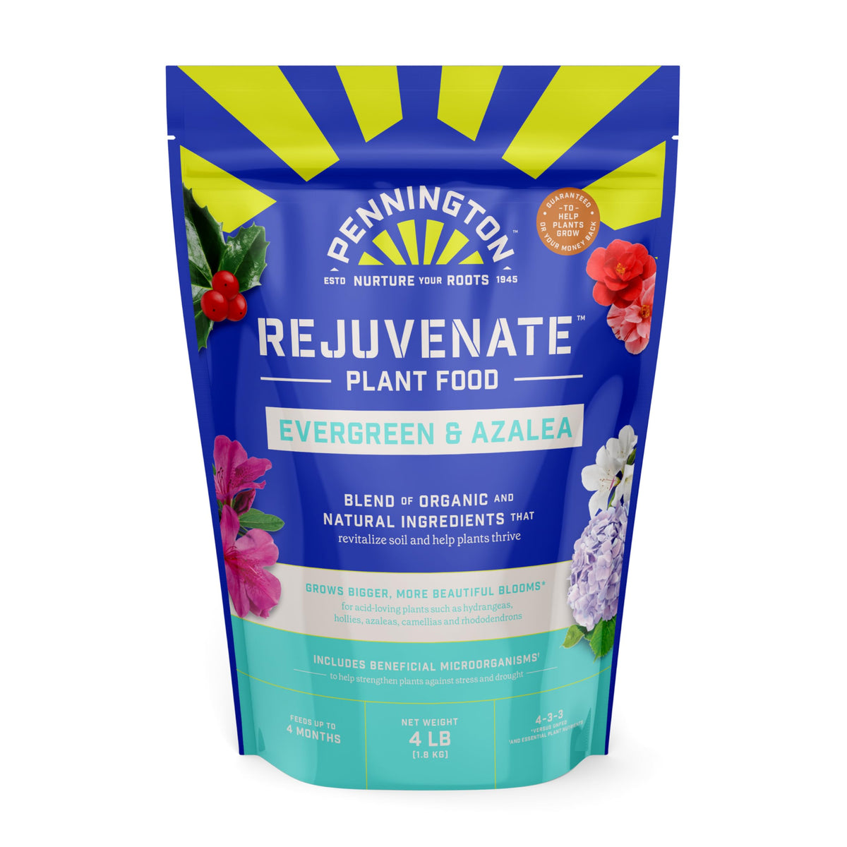Pennington Rejuvenate Evergreen & Azalea bag boosts blooms and nourishes soil.