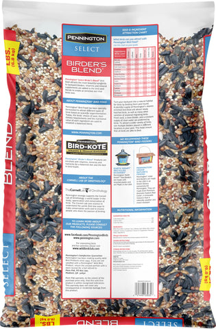 Pennington Select Birder's Blend seed mix close-up highlights sunflower-rich content for birds.