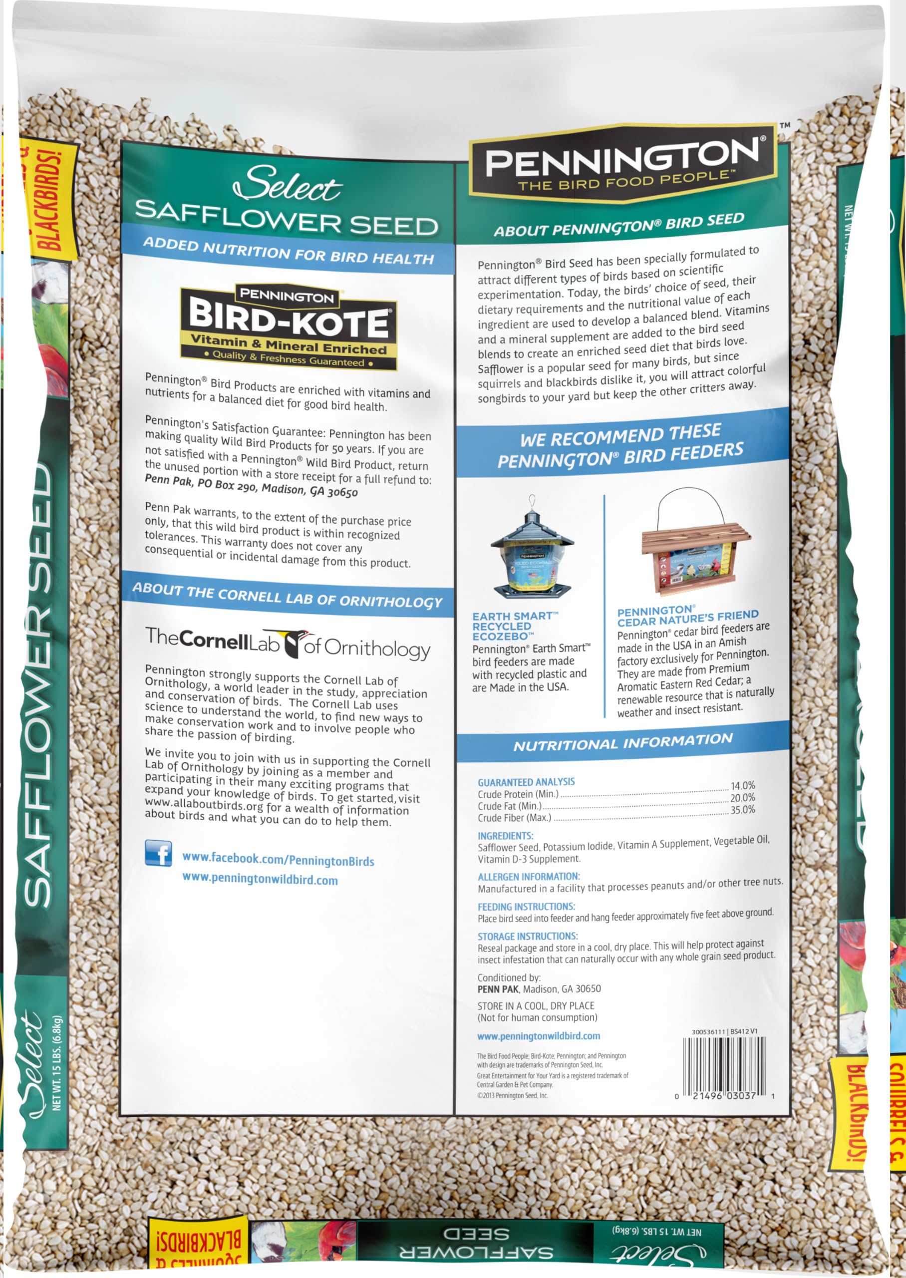 Pennington Select Safflower Seed label details highlight Bird Kote nutrients for balanced feeding