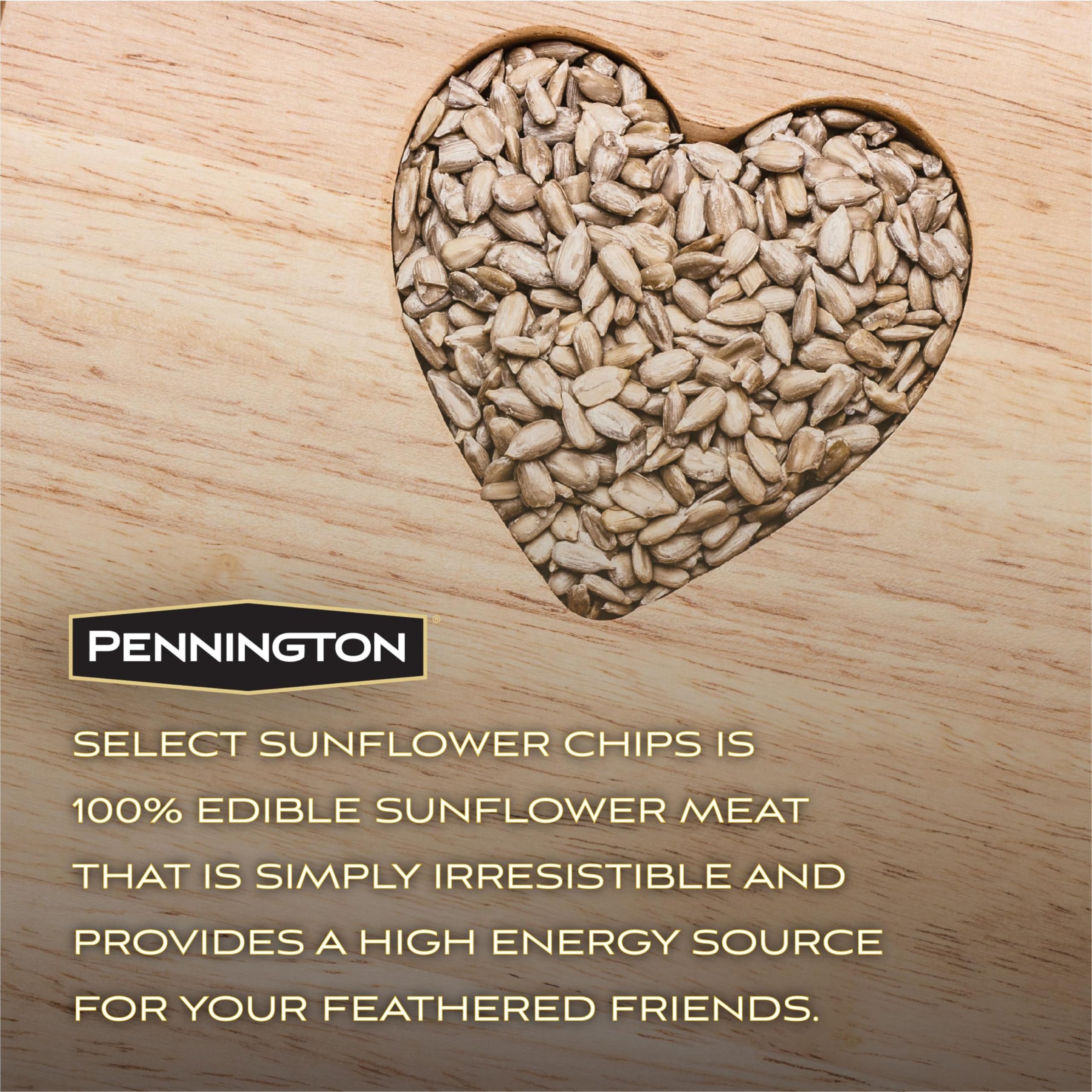 Birds perched at a feeder while Pennington Chips provide energy
