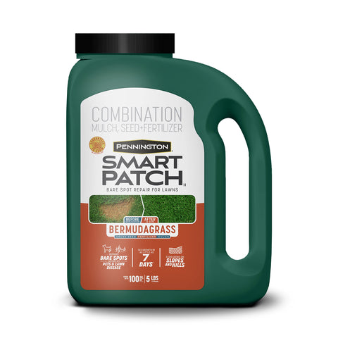 Pennington Smart Patch Bermudagrass seed bag repairing a bare lawn spot