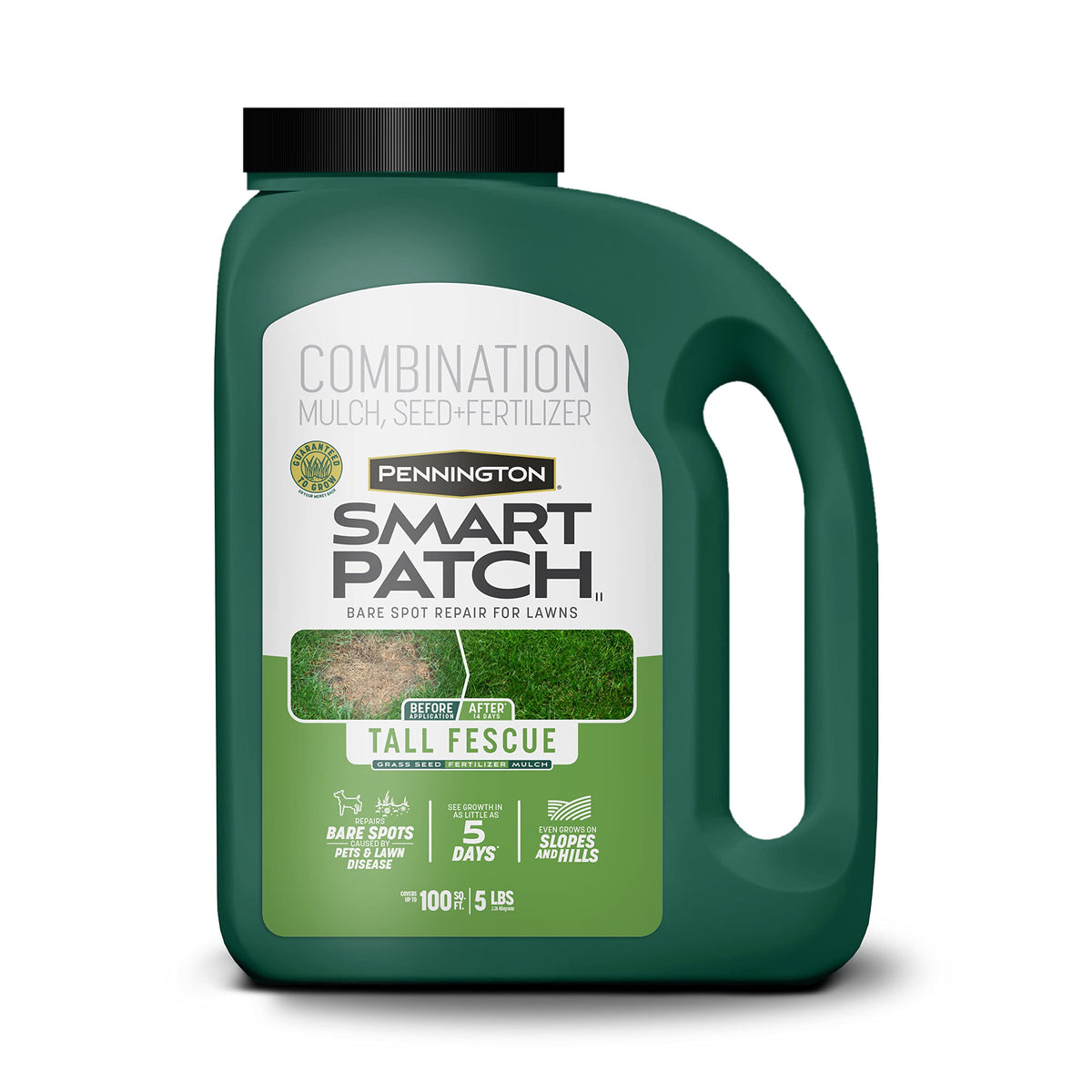 Pennington Smart Patch seed bag front view highlights tall fescue mix for quick repair