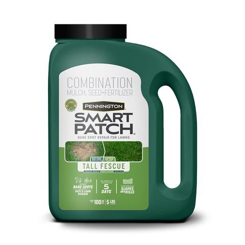 Pennington Smart Patch seed bag front view highlights tall fescue mix for quick repair