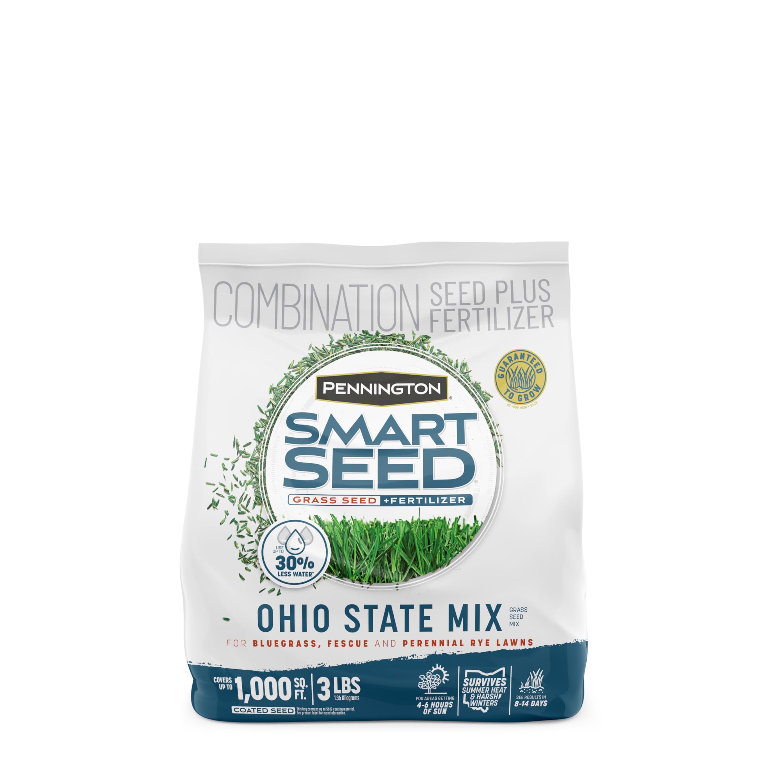 Pennington Smart Seed Ohio State Grass Mix bag close-up showing premium seed blend for resilient lawns.