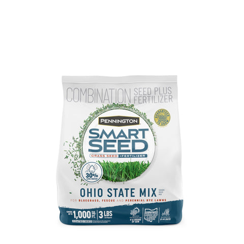 Pennington Smart Seed Ohio State Grass Mix bag close-up showing premium seed blend for resilient lawns.