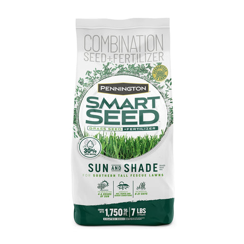 Pennington Smart Seed Sun & Shade Tall Fescue bag for mixed sun and shade lawns.