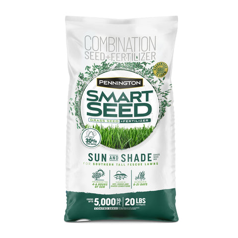 Pennington Smart Seed Sun Shade Tall Fescue bag ready for mixed sun and shade lawns.