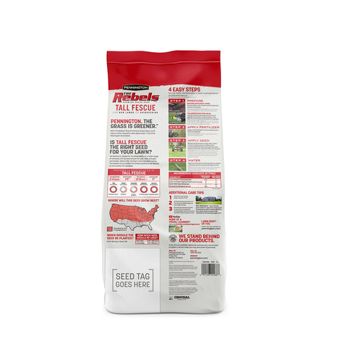 Pennington The Rebels tall fescue seed label with planting guidance for lush lawns