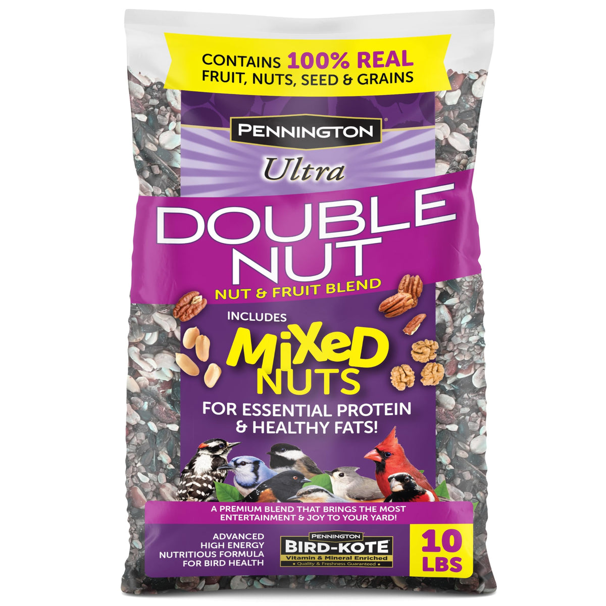 Pennington Ultra Double Nut Blend bag featuring mixed nuts and fruits for backyard birds.