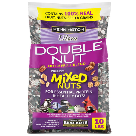 Pennington Ultra Double Nut Blend bag featuring mixed nuts and fruits for backyard birds.