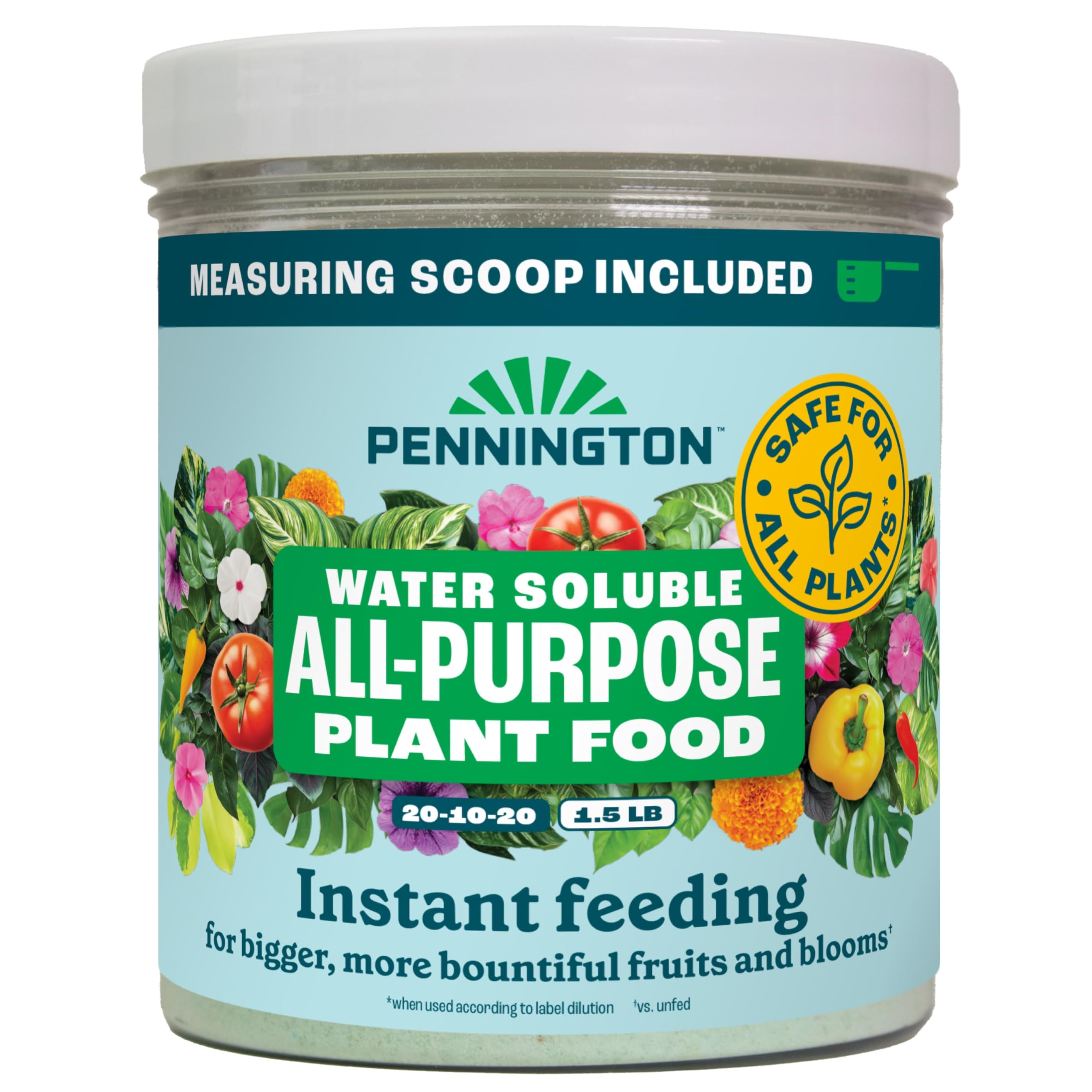 Pennington water soluble plant food label shows 20-10-20 formula for quick nourishment