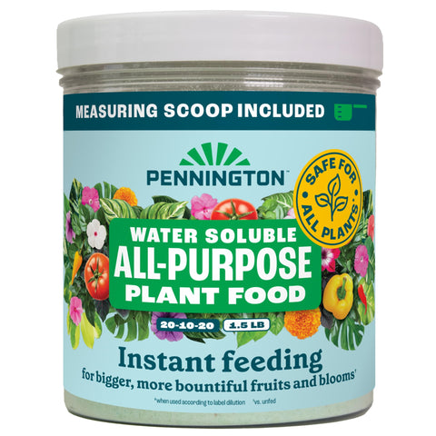 Pennington water soluble plant food label shows 20-10-20 formula for quick nourishment