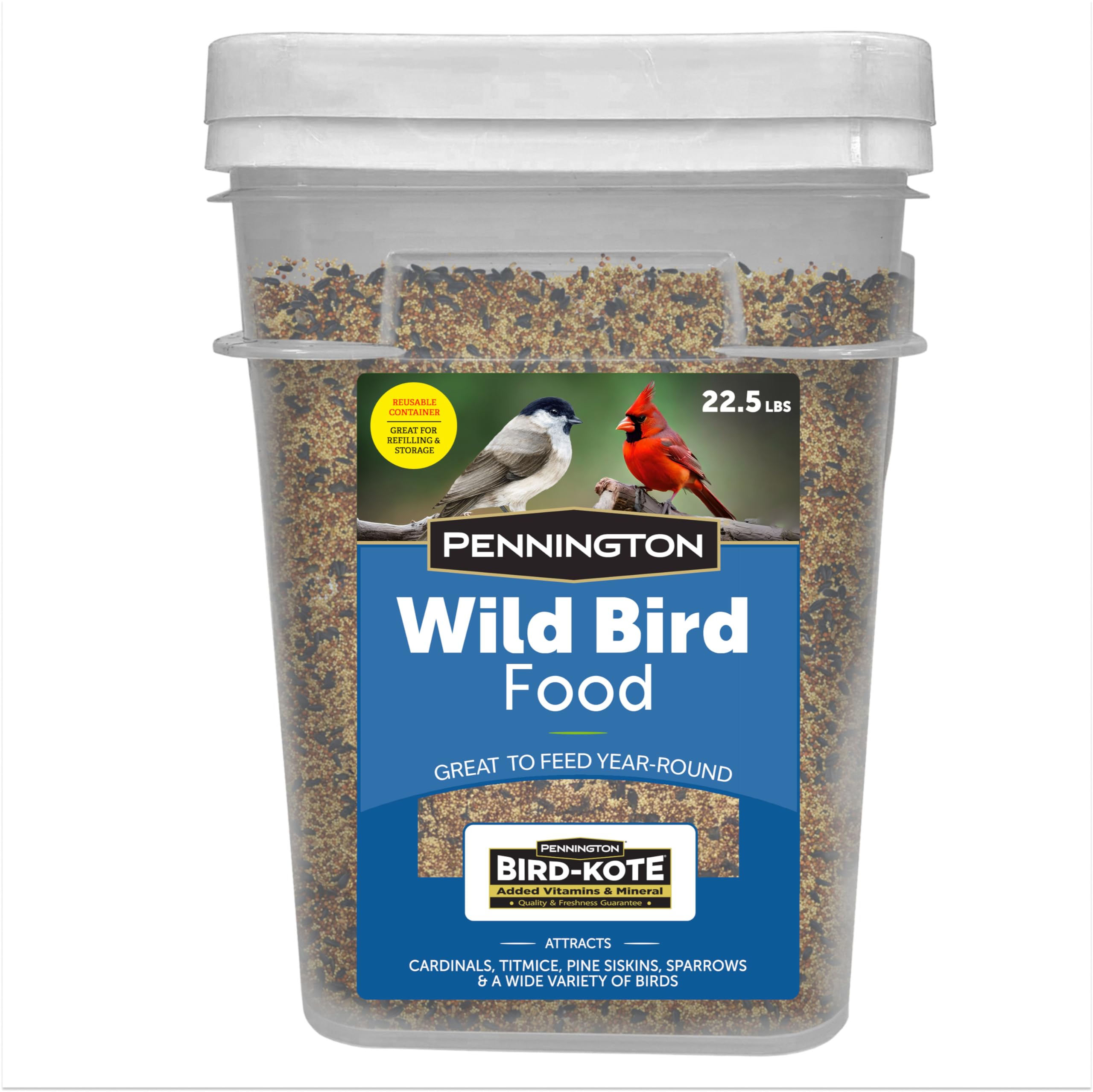Pennington wild bird food in a 22.5-lb bucket ready for year-round feeding
