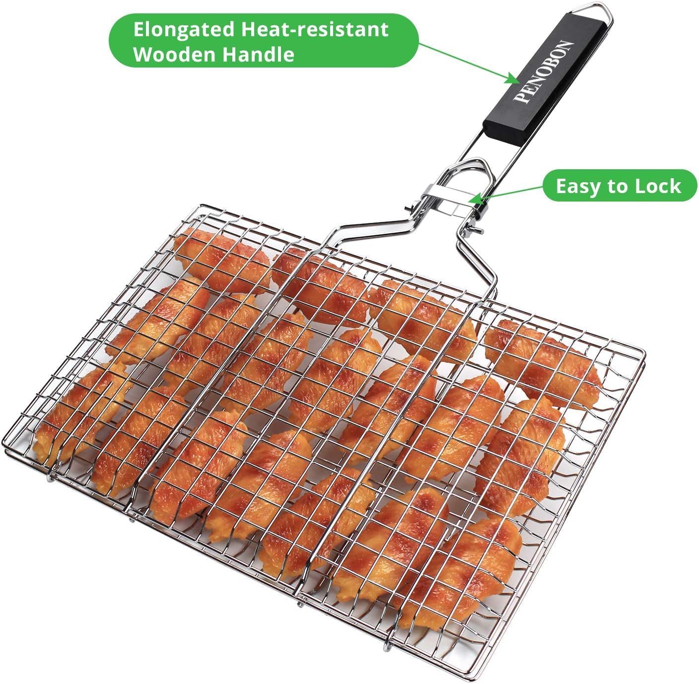 Penobon open fish grilling basket with large cooking surface.