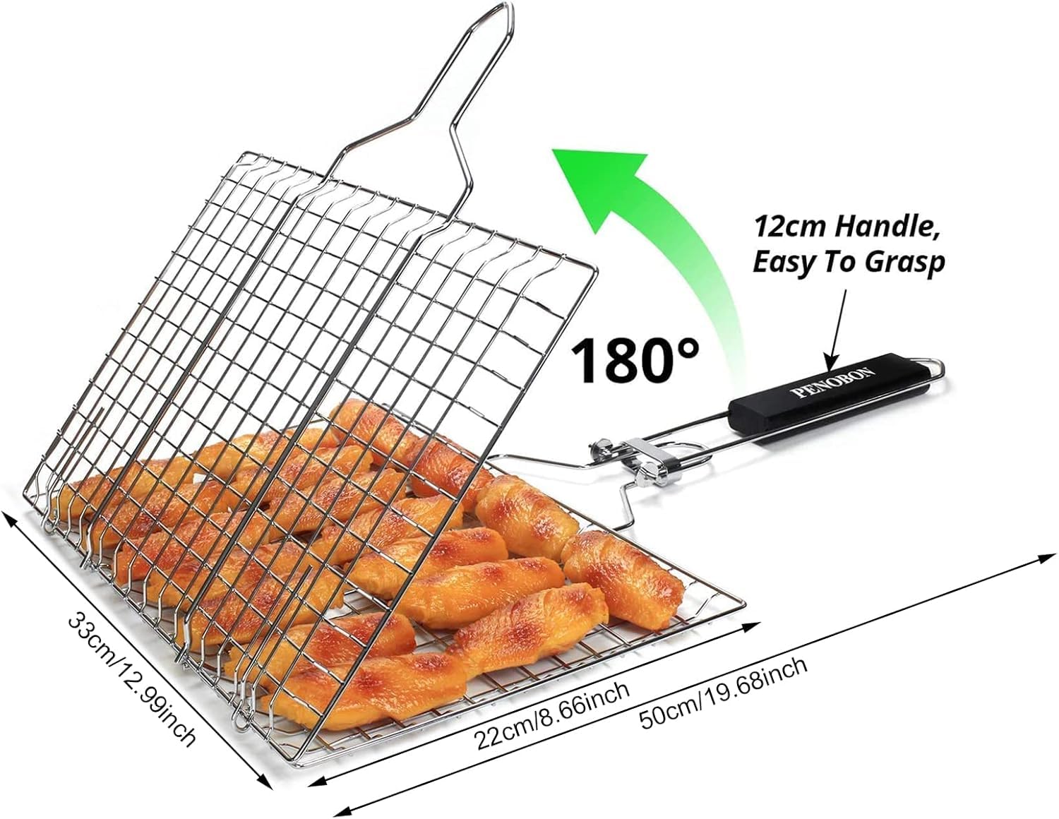 Penobon fish grilling basket with removable handle for easy grip.