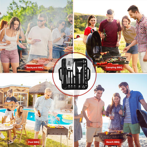 Penobon grill tools with extended handle for safe distance from heat.