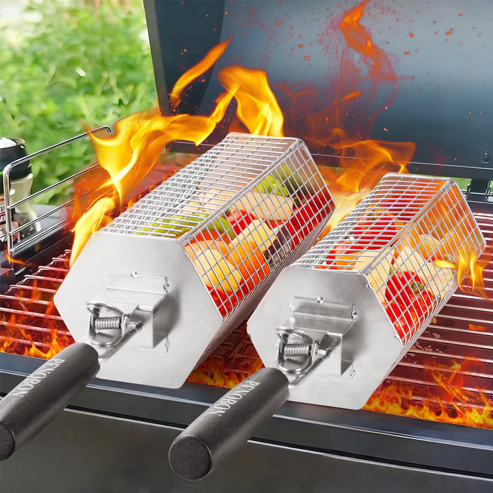Penobon hexagonal basket large overview for even cooking on gas or charcoal grills