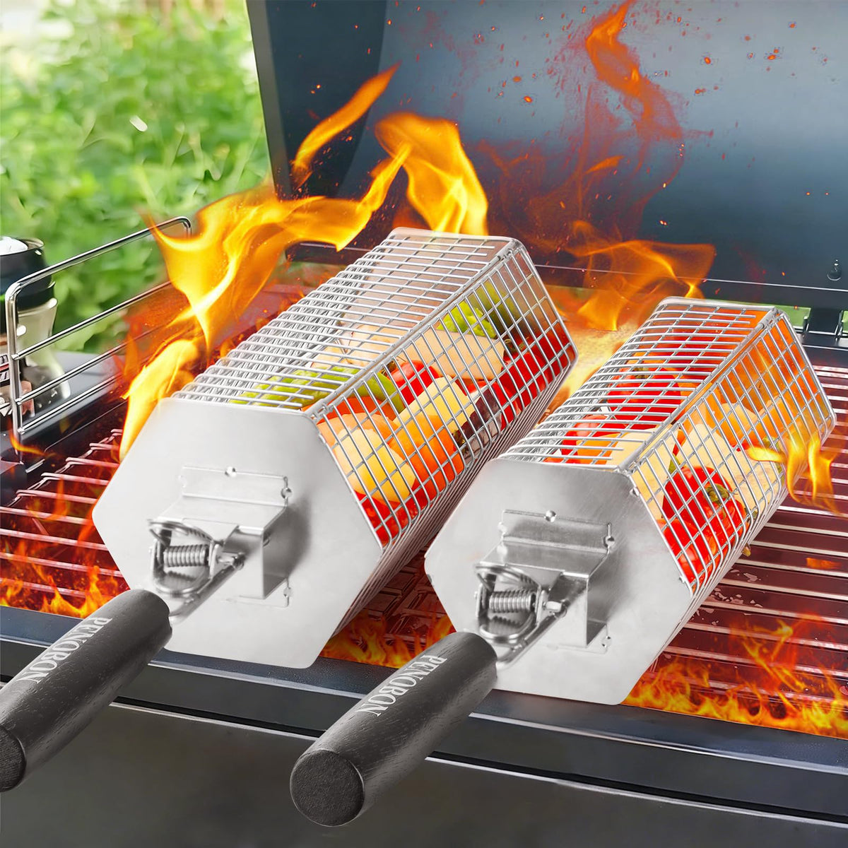 Penobon hexagonal basket large overview for even cooking on gas or charcoal grills