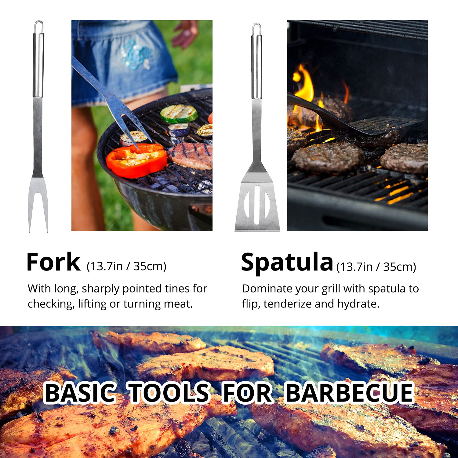 Penobon stainless steel grill tools close-up showing rust-resistant build